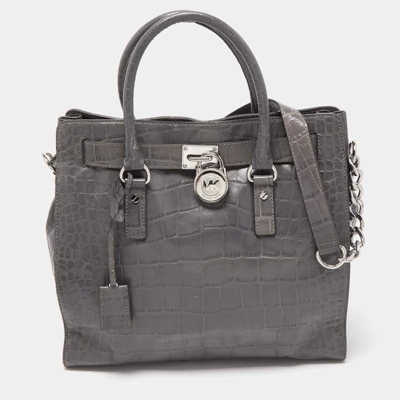 Michael Kors Silver Crocodile-Embossed Satchel - Picture 1 of 4